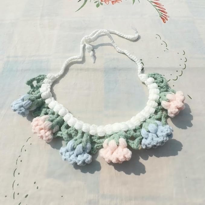 Handmade Knit Cat Birthday Outfit – Adjustable Birthday Dog Hat & Floral Wreath Scarf for Cats and Small to Medium Dogs, Cute Dog Costume for Party, Holiday, Daily Wear & Photos
