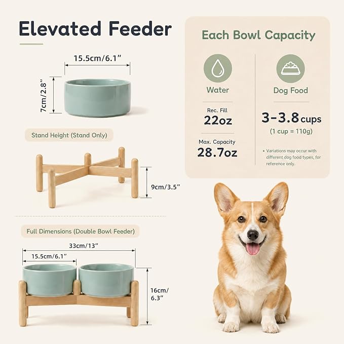 Havniva Ceramic Dog Bowls Elevated, Raised Dog Food Bowl for Small Dogs | 6.1” Elevated Dog Bowls, Non-Slip Wood Stand, Dog Food and Water Bowl Set, Dog Feeding Dish, Large Capacity Pet Water Bowl