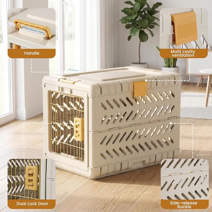 Collapsible Dog Crate for Small/Medium Dogs - 28" L Foldable Dog Cage No-Tool Assembly, Travel Dog Crate with 2 Wheels - Easy to Carry, Space-Saving, Indoor Outdoor Use, Cream, 28”L*18.3”W*20.9”H