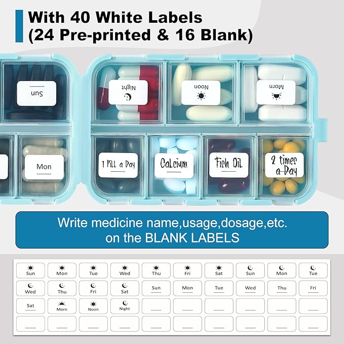 14 GRIDS Travel Pill Organizer Box with Labels - Travel Medicine Case Kit - Pocket Daily Pharmacy Container - Travel Medication Holder Dispenser for Fish Oil Vitamin Supplement Storage - Sky Blue