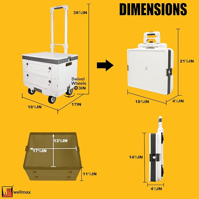 Wellmax Rolling Crate with Wheels, Foldable Utility Cart, 132 lb, White | Adjustable Telescoping Handle, Silent Rolling Wheels, Collapsible Rolling Crate for Car Trunk, Teachers, Office & Groceries