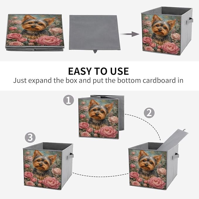 Yorkie Dog Floral Portrait Storage Bin with Handles, Oxford Fabric Foldable Storage Cube Organizer for Clothes, Towels, Bedroom, Living Room, Home Organization