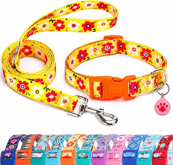 Floral Matching Dog Collar and Leash Set with AirTag Holder-Orange Daisy/L | Anti-Lost,Adjustable Durable Pet Collar Leash Combo for Large Boy Girl Dogs,for Outdoor Walking Hiking Training Running