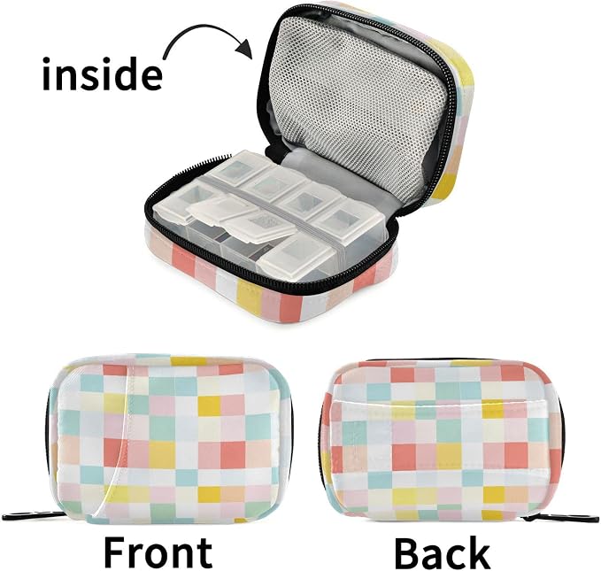 Fustylead Colorful Checkered Travel Pill Organizer Case Zipper for Purse with Removable Weekly Pill Box for Medicine, Vitamin, Supplement Medicine Organizer