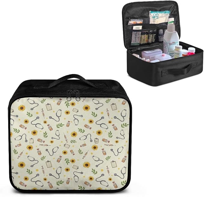 Medical Bag for Travel First Aid Bag Empty Stethoscope Sunflower Patterns First Aid Pouches Empty Medium Storage Compact Survival Medicine Bag for Home Office Car Travel School