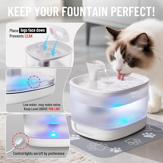Veken Cat Water Fountain with Detachable Tank, Easy to Clean & Assemble, 85oz/2.5L Automatic Pet Drinking Dispenser with Quiet Operation & LED Light for Cats, Dogs and Small Pets, White