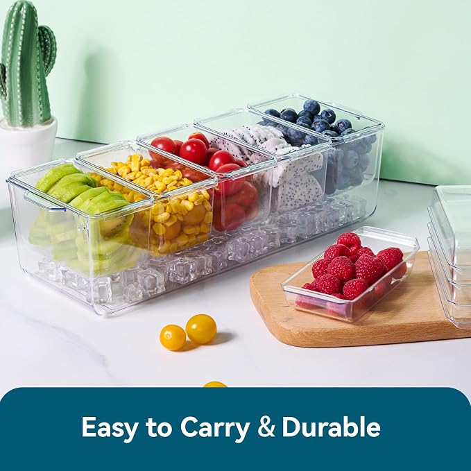 2 Pack Garnish Tray Chilled Condiment Server with 5 Small Containers | Ice Condiment Organizer and Removable Compartments, Clear Garnish Serving Platter for Kitchen, Fruit, Salad, Food
