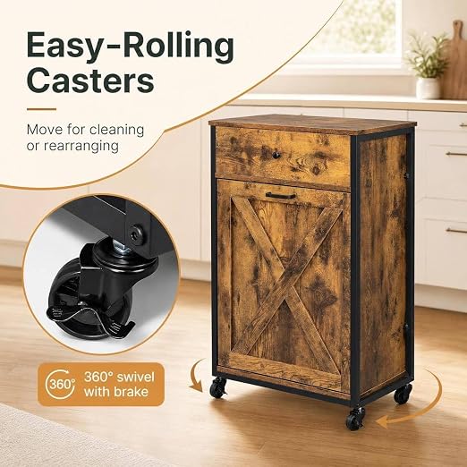 VINGLI 13 Gal Tilt Out Trash Can Cabinet with Drawer & Wheels, Rustic Brown | Wood Hidden Trash Can Kitchen Cabinet with Drawer, Freestanding Pet Proof Storage Organizer, Laundry Basket