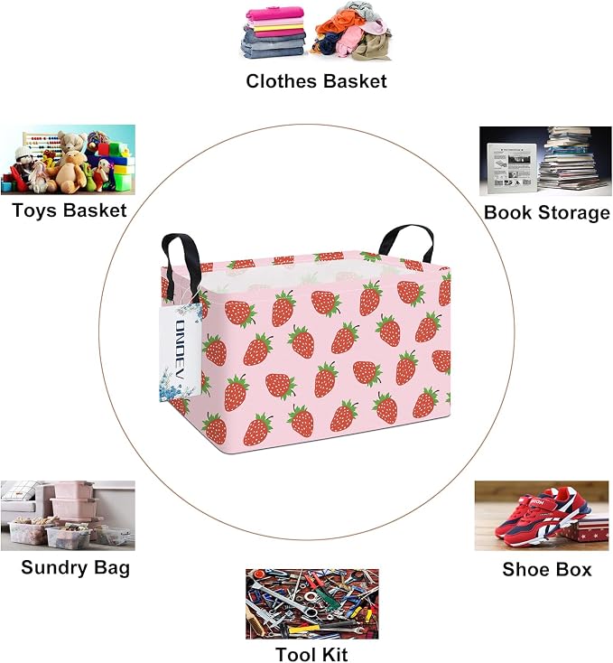 Rectangular Fabric Storage Bin, Foldable Strawberry print Basket | Damp-proof canvas with reinforced stitched handles.Great for clothes,books and sundries in closets,playrooms,laundry rooms.