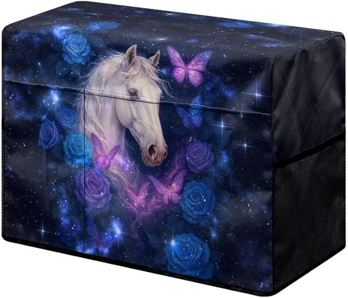 Rose Horse Print Sewing Machine Cover Heavy-Duty Dust & Pet Hair Protection with Storage Pocket, Fits Brother, Singer, Janome Machine (Blue)