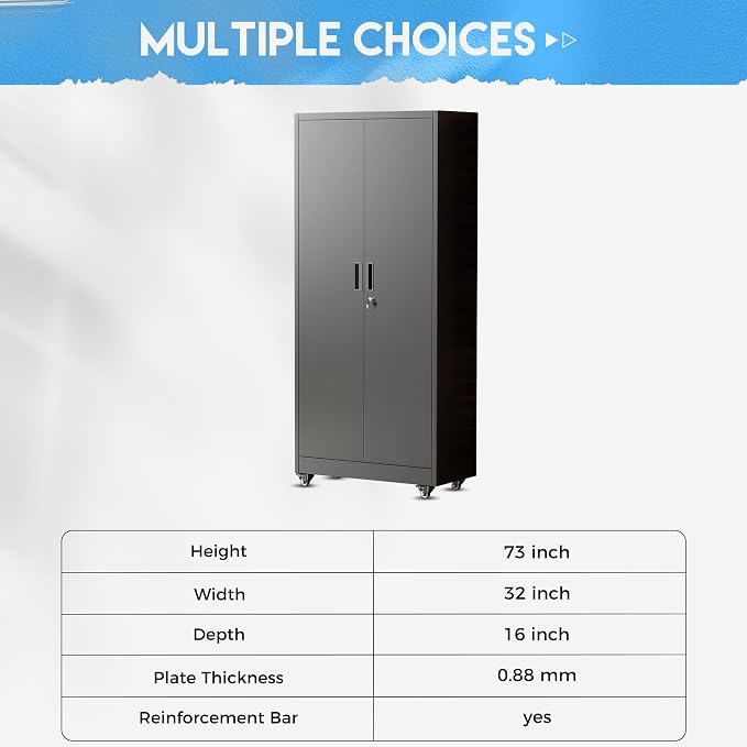 Greenvelly Metal Garage Storage Cabinet with 4 Swivel Wheels, 73" Black Storage Cabinet on Wheels, Rolling Tool Cabinet with Locking Doors and Shelves for Garage, Basement, Home, Warehouse