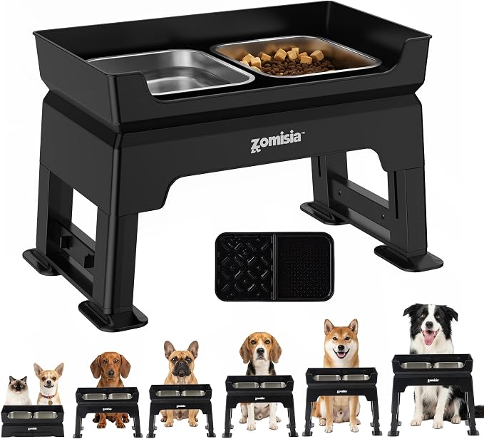 ZOMISIA Elevated Dog Bowls with No Spill Water Bowl, 6 Height Adjustable | 3-in-1 Dog Bowl Stand, Mess Proof Double Deck Design, 2 Stainless Steel Bowls, Licking Plate, For Small Medium Large Pets