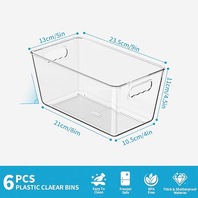 Clear Fridge Organizer Bins with Handles, 6 Pack 9.5×5×4.5 Inch | Clear storage bins with handles, food organizer basket for kitchen, fridge, freezer and bedrooms