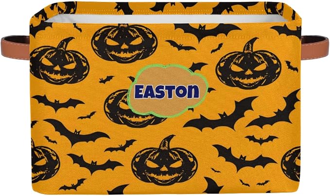 Custom Storage Baskets Name, Personalized Storage Bins Basket Boxes PU Leather Handles for Clothes Bedroom Closet Organizing Toys Books Shelves, Black Halloween Pumpkin Bats Pattern Yellow