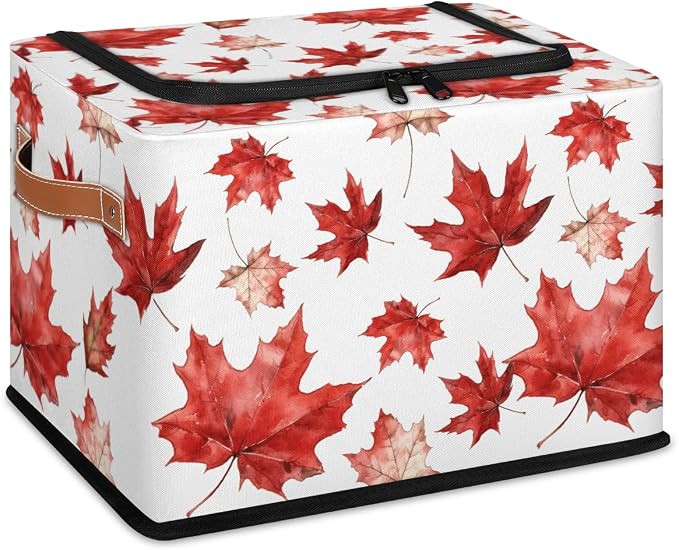 Red Maple Leaf Storage Bins With Zipper Lid, Collapsible Trunk Organizer, Car Organizers and Storage Bins with Lids, Autumn Decorative Storage Boxes with Handle, Home Storage Baskets for Organizing