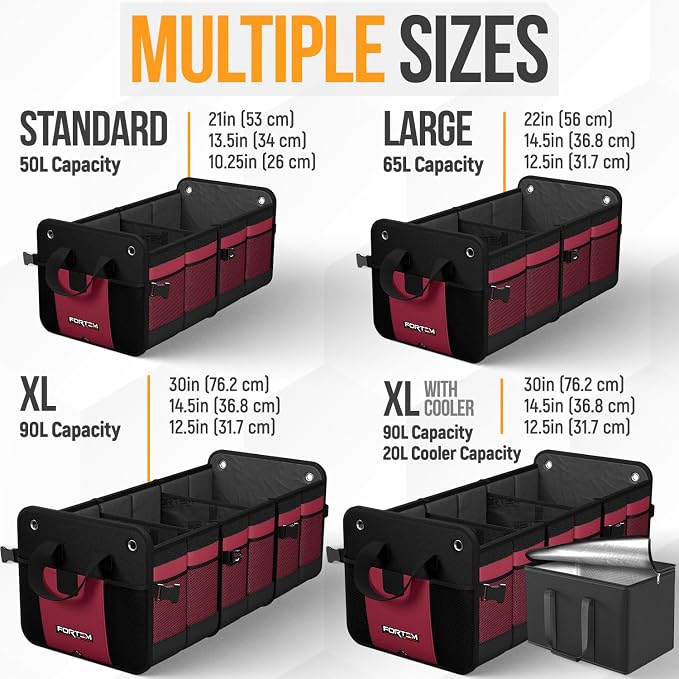 FORTEM Trunk Organizer - Collapsible Car Organizer & Storage Bag for SUVs | Car Accessories for Men & Women, Cooler Bag, Non Slip Bottom, Straps, Soft Cover, 1680D Oxford, 3 Compartments, Red, 50L