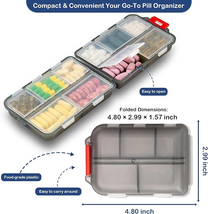 Extra Large Pill Organizer with 161 Medicine Labels, Travel Pill Case | Gray Extra large case with 10 compartments for 7-day pill planning, vitamins, supplements, and travel