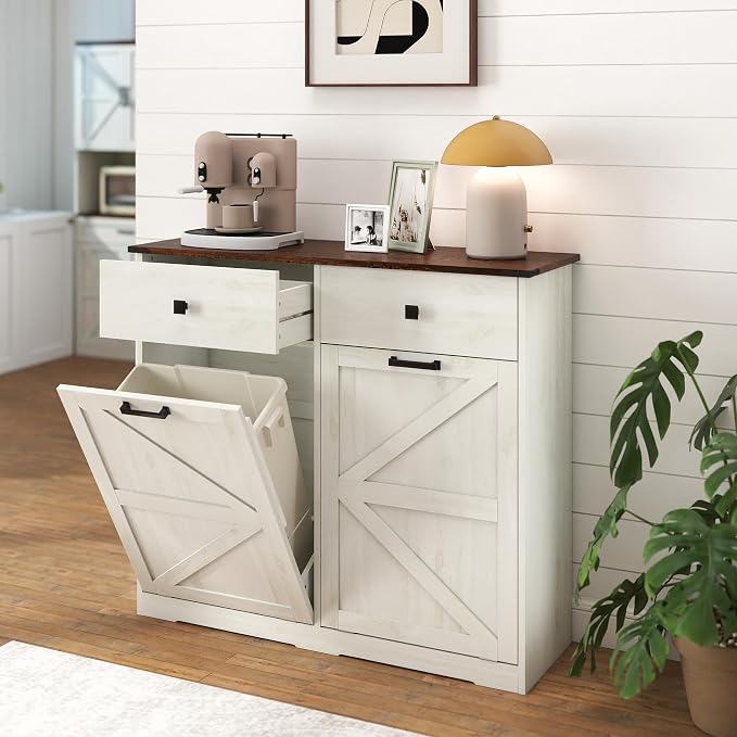 Double Tilt Out Trash Can Cabinet for 20 Gallon,Hidden Dual Laundry Cabinets with 2 Drawers & 2 Baskets, Barn Door Style Garbage Cabinet for Kitchen