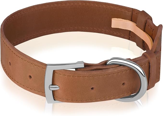 Leather Dog Collar with Airtag Holder - Apple Air Tag Dog Collars - Soft Tracking GPS Pet Collar for Small Medium Large Dogs Breed Puppy (Brown, XL, 19"-24" Neck Fit)