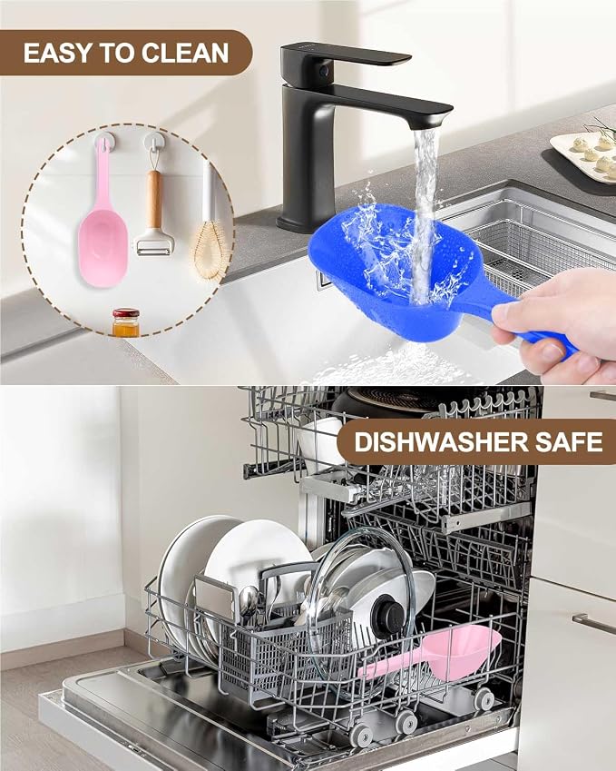 2 PACK Dog Food Scoop,1 Cup Capacity Pet Food Scoop For Dog and Cat | Pink and Blue,Clear Markings for Precise Measuring 1/2 and 1 Cup Lines,Dishwasher Safe,Plastic,Portable and Sturdy