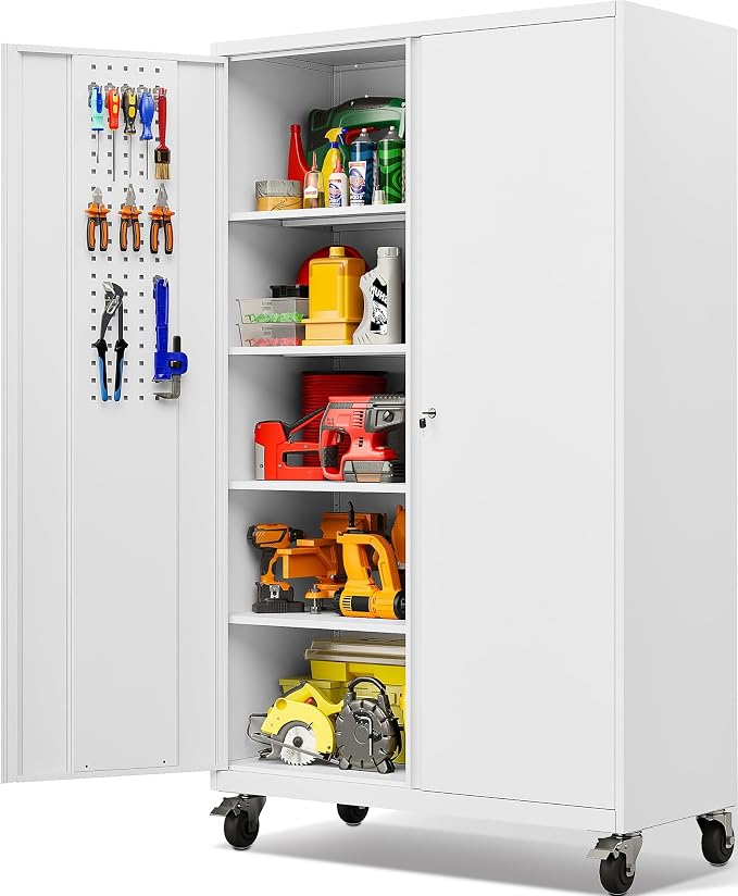 Wide & Deep Metal Storage Cabinet with Wheels,Tall Rolling Garage Storage Cabinet with Lock,White Metal Cabinets with Pegboards and Shelves,Tool Locker for Garage,Home,Office,43''Wx 20''Dx71"H