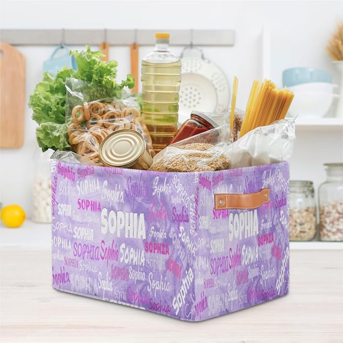 Custom Storage Baskets for Kids with Name, Light Purple Sand Texture | Organizing Boys Girls Pets Toys Closet Shelf Clothes Books