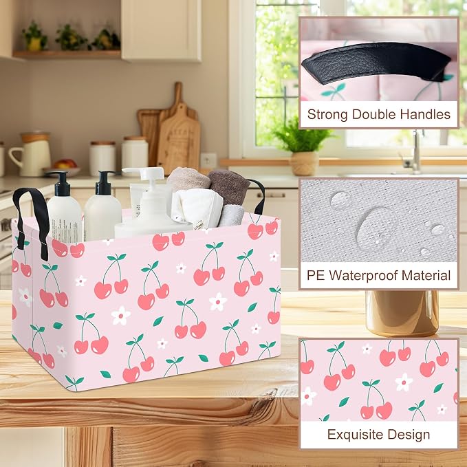 Rectangular Cherry Storage Basket Fabric Hamper | Gifts Bag for Books,Clothes,Gifts,Pets-Perfect for Home,Office,Nursery,Dorm,Shelf