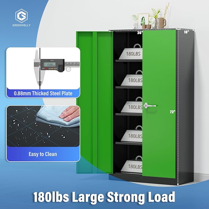 Greenvelly Metal Storage Cabinet with Doors and Shelves, 72" Inch Locking Metal Cabinet,Garage Storage Cabinet for Garage Office School Warehouse (Black Green)