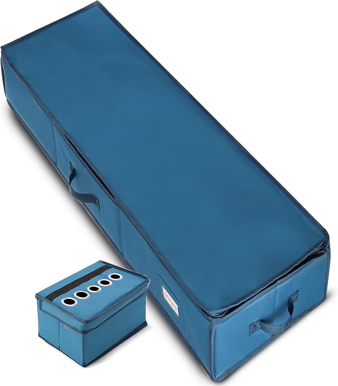 Hearth & Harbor Wrapping Paper Storage Container - Christmas Storage Bag with Ribbon Dispenser and Interior Pockets - Gift Wrap Organizer Fits Up to 26 Rolls of 40" Length, Blue
