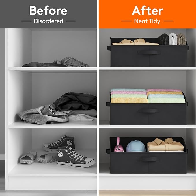 Lifewit Trapezoid Closet Storage Bin for Shelf, 6 Packs 23L, Black | Non-woven Closet Organizer Baskets with Handles, Foldable Clothes Containers Boxes for Clothing, Book, Purse, Extra Large