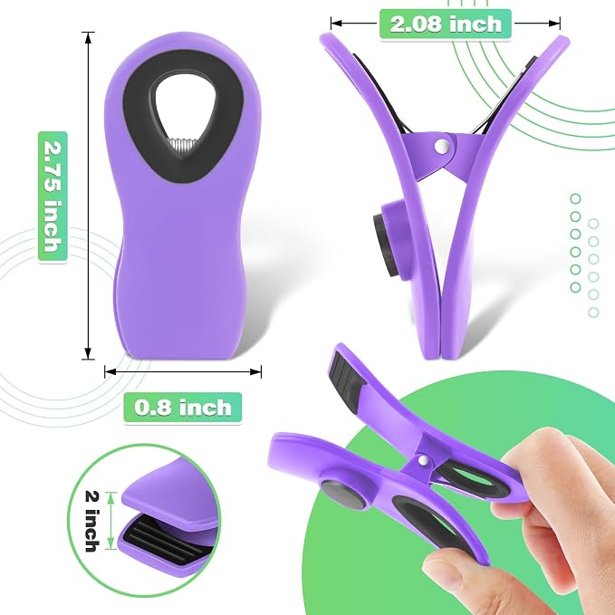 12 Pack Chip Clips, Bag Clips for Food, Magnetic Sealers for Chips and Other Food, Plastic Bag Clip for Kitchen, Fridge, Clothes, Sewing and Artwork (Purple)