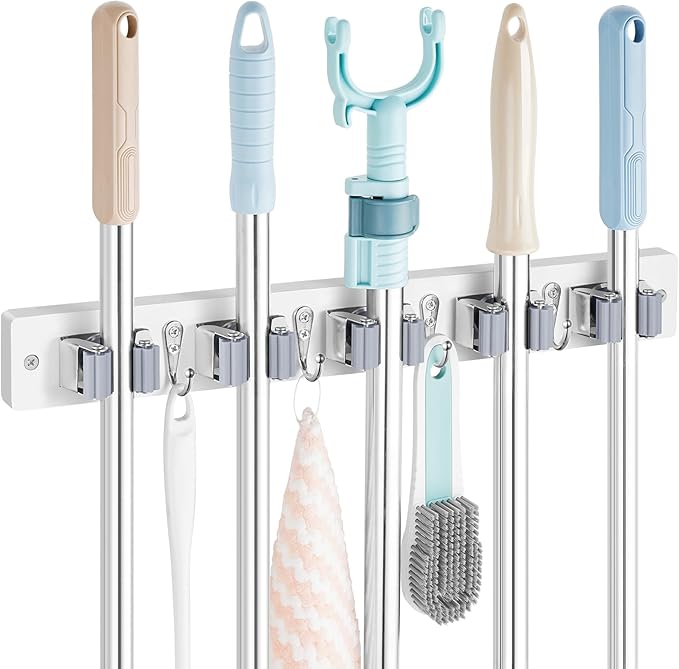 OUTNILI Mop and Broom Holder Wall Mount - White Broom Mop Hanger - Wall Mounted Garden Tool Rack Organizer for Closet Garage Laundry Room Kitchen Decor With 5 Slots & 4 Hooks