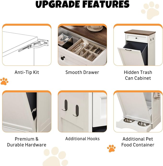 Tilt Out Trash Can Cabinet with Dog Bowl, 10 Gallons Dog Feeding Station with Storage Cabinet, Pet Food Cabinet with Hideaway Drawer for Kitchen, Living Room