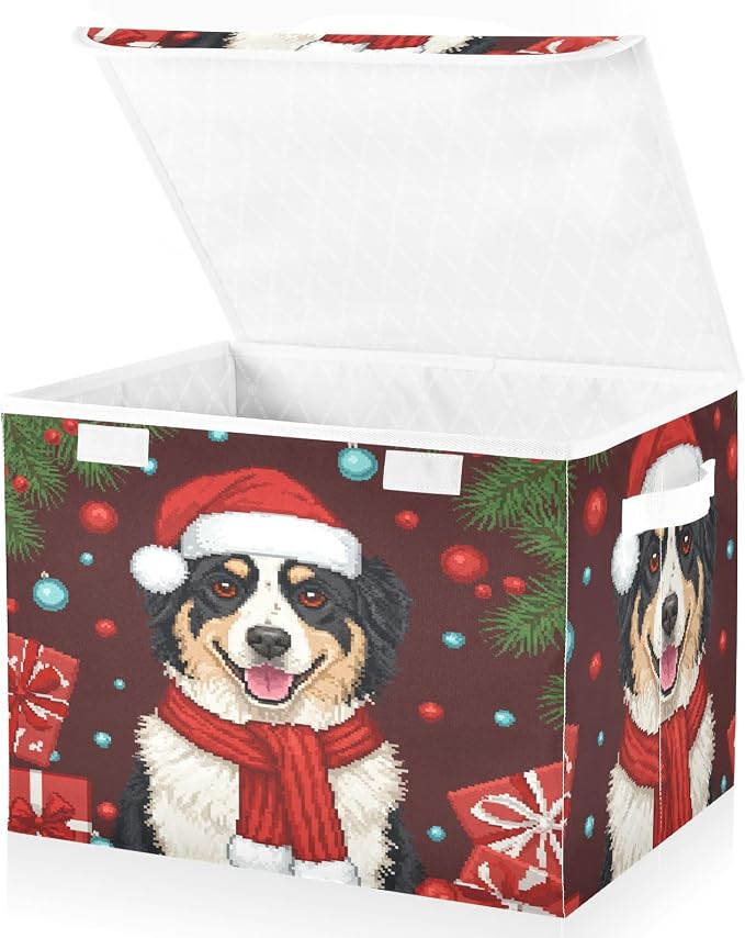 Winter Christmas Pet Storage Bins with Lids Closet Bedroom 40L Fabric Bin | Decorative Storage Boxes, Foldable & Stackable, Dust-Proof Flip Top, Reinforced Handles, For Home & Dorm, Clothes & Toy Box