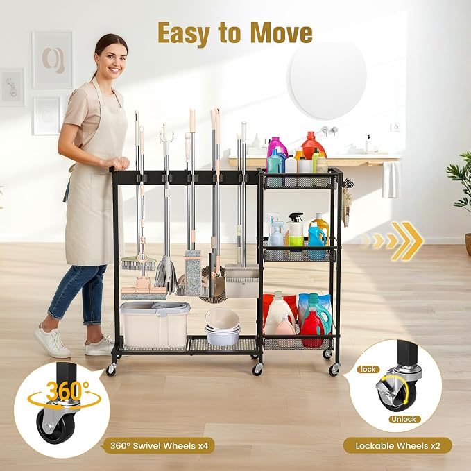 Broom Holder with Cleaning Supplies Organizer, Cleaning Utility Cart on Wheels, 10 Clips & 7 Hooks, 3-Tier Shelves, Broom Closet Storage Cabinet with Cleaning Caddy for Home Commercial Use