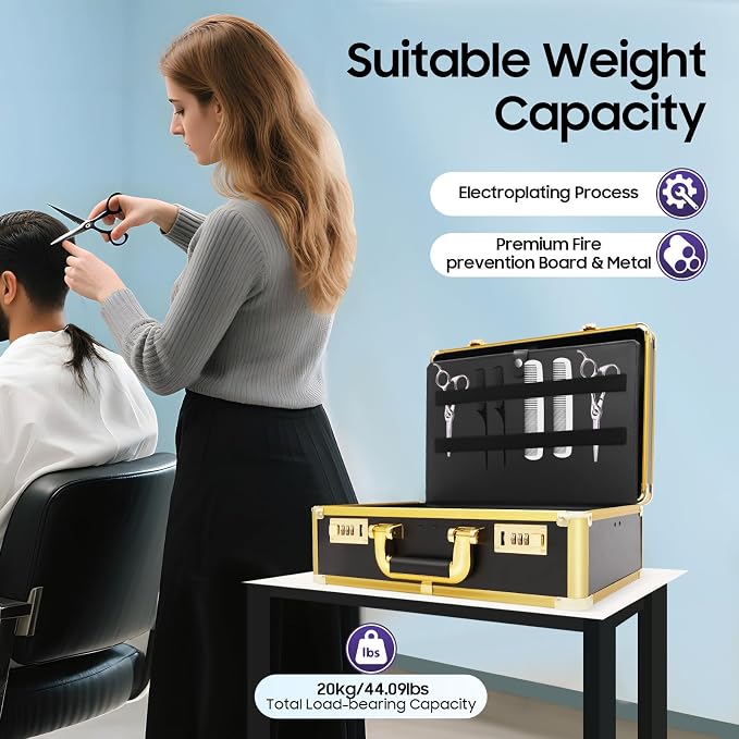 Barber Carrying Case,Large Barber Beauty Salon Tool Kits Storage,Portable Travel Carry Case for Barber Hair Stylist Pet Groomer, for Clippers Trimmers Scissors Blades Guards Shears (Gold)