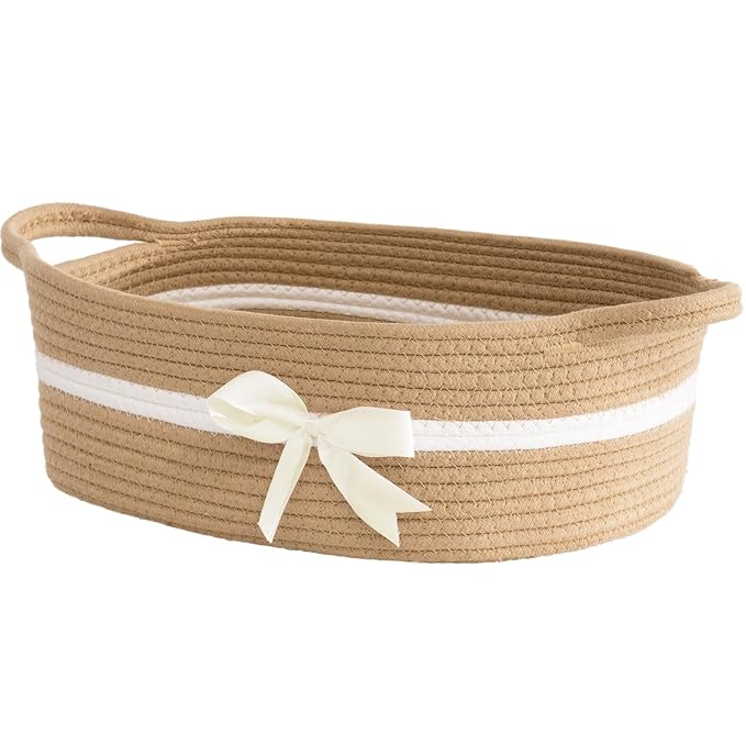 CHICVITA Small Woven Rope Gift Basket, Decorative Boo Basket, Camel | 13" x 10" x 5" Storage Baskets for Towels, Toys & Diapers, Fits Bathroom & Nursery Organization, Built-In Handles, Bow Design