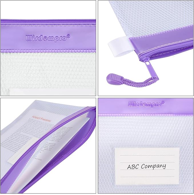 Wisdompro Zipper Pouch, 4 Pack Waterproof Mesh File Bag, Document Organizer | 13.3x9.8", Letter Size Mesh Bag with Outer Label Pocket, Durable, Perfect for File, Paper, Pen, Office, School & Home, Purple