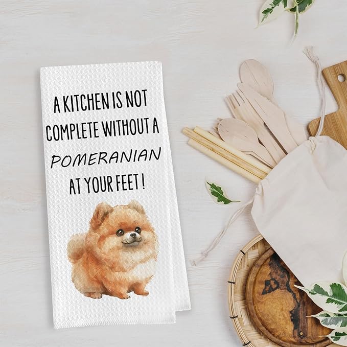 Funny Pomeranian Kitchen Towels - Pomeranian Gifts for Women Waffle Dish Towels, Dog Lover Mom Gifts Decorative Hand Tea Towel, 16x24 Inch
