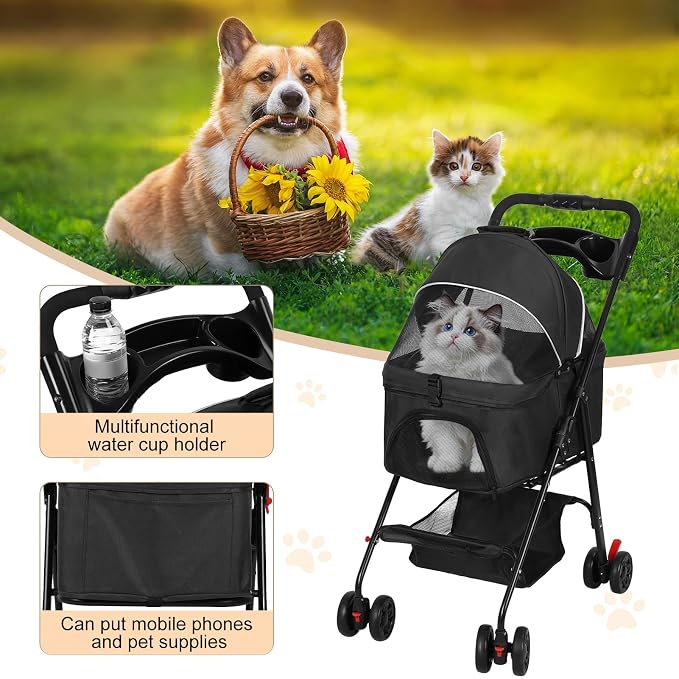Pet Stroller, 4 Wheel Foldable Dog and Cat Stroller with Removable Carrier, Holds Up to 17.6 lbs, Breathable Mesh Canopy, Storage Basket & Cup Holder for Walking Shopping Travel Outdoors Black