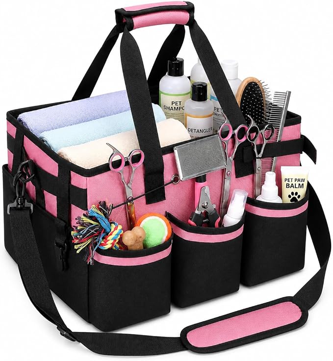 Portable Dog Grooming Bag 5 Compartments, Oxford Fabric Tote Bag for Dogs and Cats, Pet Storage Organizer for Grooming Tool Kit, Doggie Diaper Bag, Pet Stuff Oganizer with 8 Pockets