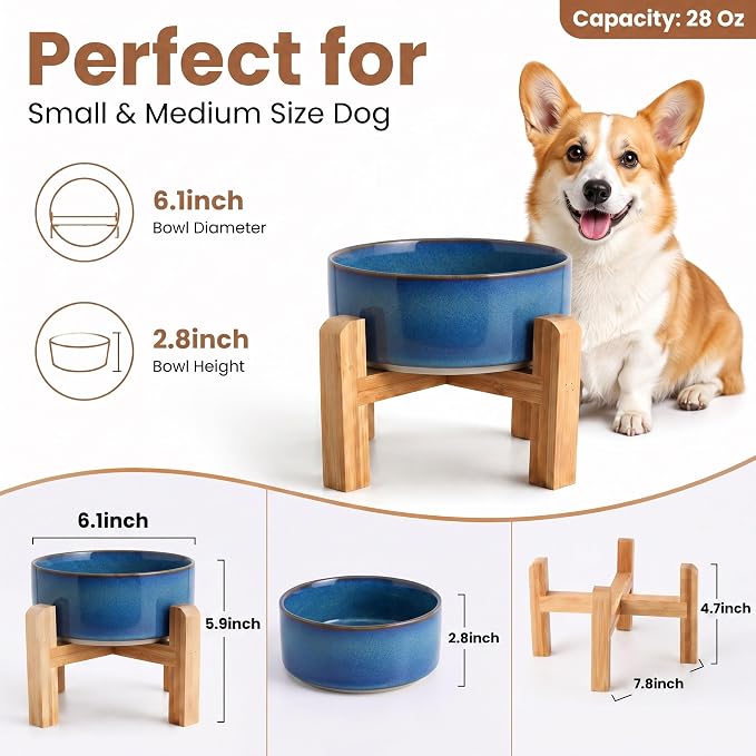 hjn Elevated Ceramic Dog Bowl with Bamboo Stand, Raised Pet Feeding Station for Small Medium Dogs Cats, Modern Design with Anti-Slip Base (Deep Blue, 3.6Cup)