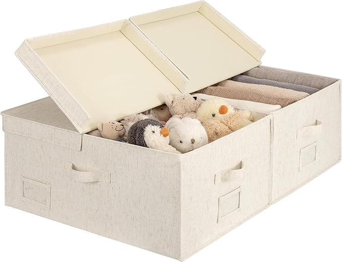 StorageWorks 55L Extra Large Fabric Storage Bins with Lid, Foldable Closet Organizer Boxes with Label and Handles, Decorative Storage Baskets for Clothing and Blankets, Natural Weave, 2-Pack