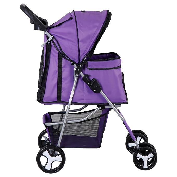 Pet Stroller for Medium Small Dogs - Easy to Walk Folding Travel Carrier Strolling Cart with Cup Holder, Weather Cover and Storage Basket (Purple)