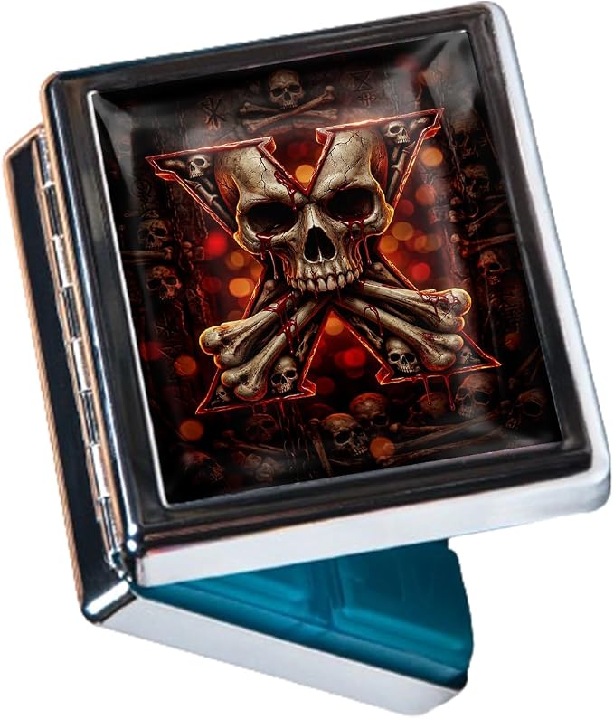 Weekly Pill Organizer, Metal Pill Box with 8 Compartments, Small Travel Pill Case for Purse Pocket, Medicine Vitamin Supplement Organizer (Blood Skull X)