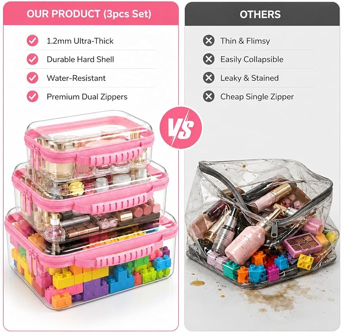 Clear Hard Shell Zipper Case 3PCS Set, 1.2mm PET Travel Organizer | Deep waterproof stackable storage pouches with handle. Heavy duty clear zipper bags for travel, makeup, toys and snacks