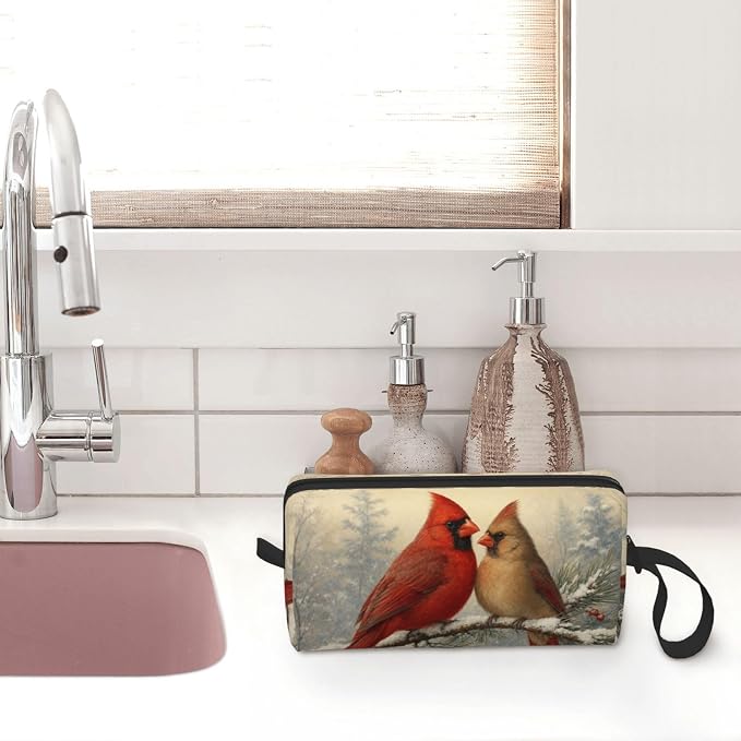 Cardinal Pair on Snowy Pine Makeup Bag for Women, Cosmetic Pouch | Double-Sided Winter Cardinal Cosmetic Organizer with Foam Padding for Women, Travel, Gym, School, and Daily Storage