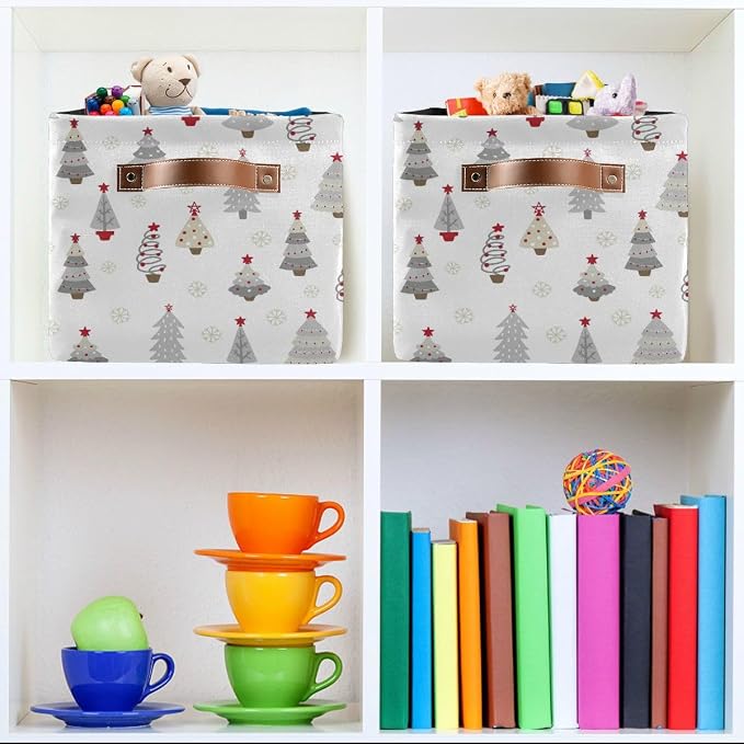 Christmas Tree Gray Storage Basket Fabric Kitchen Baskets Winter Snowflake White Grey Open Home Storage Bins Boxes Foldable Organizer Bag for Book Shelf Closet Baskets 16×12×8 Inches 2 Pack