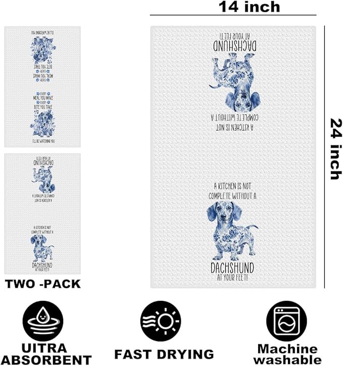 2 Pcs Chinoiserie Dachshund Kitchen Towels 24x14 Inch, Dachshund Gifts Reusable Dish Towels for Kitchen Decor, Blue and White Floral Waffle Weave Hand Towel, Weiner Dog Gifts for Women Mom
