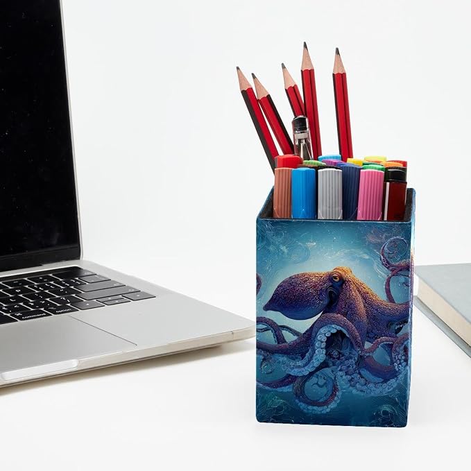octopus Pen Holder for Desk Decor, Rectangular PVC Leather Pencil Cup for Desk Pen Organizer, Makeup Brush Holder for School, Home, Office